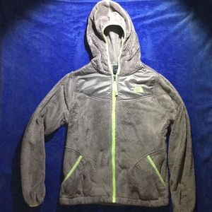 Gray and neon green north face jacket